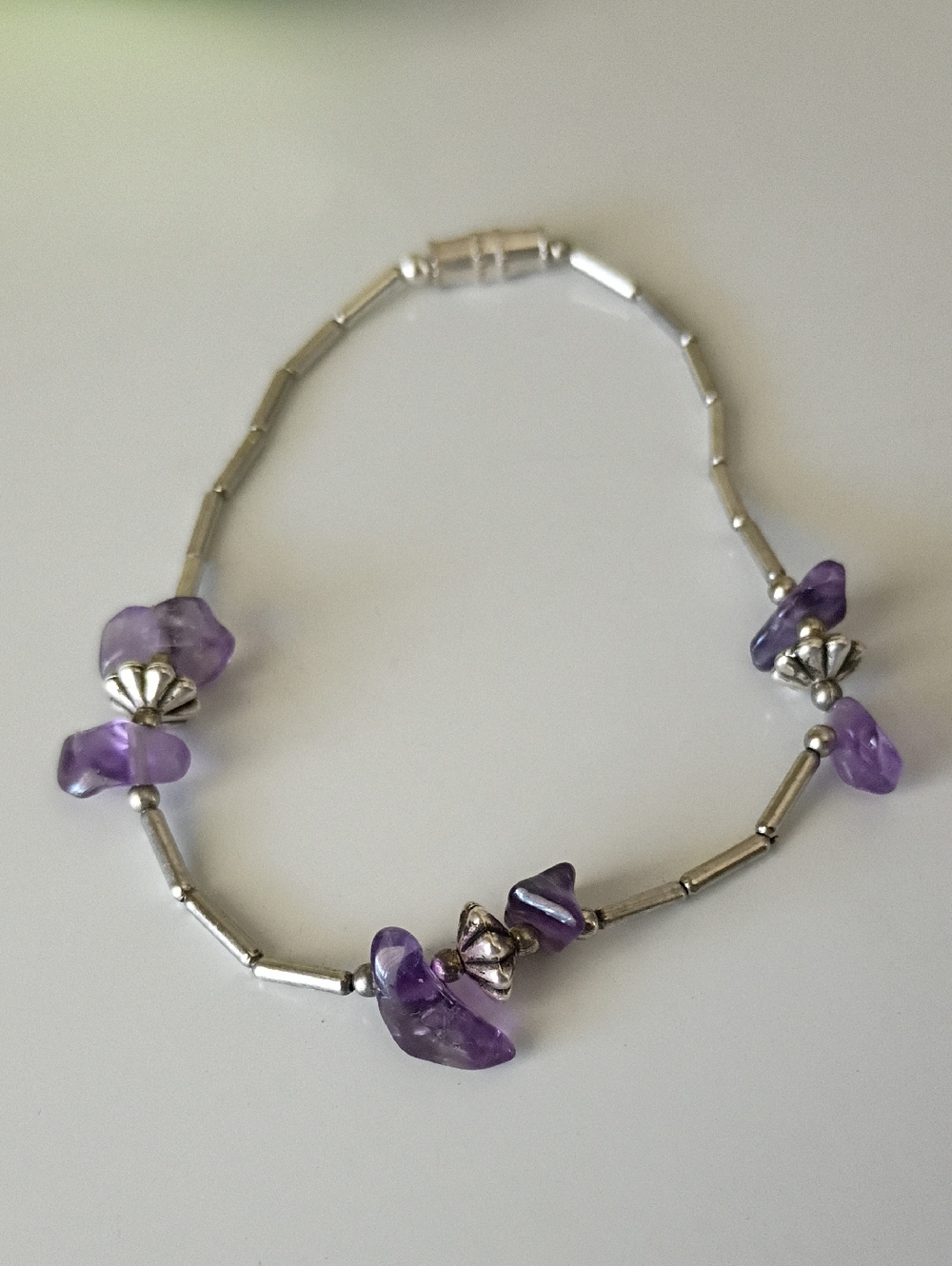 Vintage Delicate Bracelet Amethyst 925 Liquid Silver Beads And Barrel Clasp
